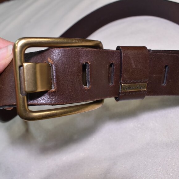 Calvin Klein Womens Brown Leather Belt Size 34 Large Gold Buckle - Picture 4 of 9